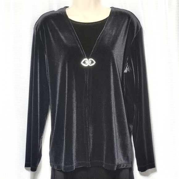 Notations Black Velvet Layered Blouse/Cardigan with Rhinestone Heart Clasp (XL) - Picture 1 of 11